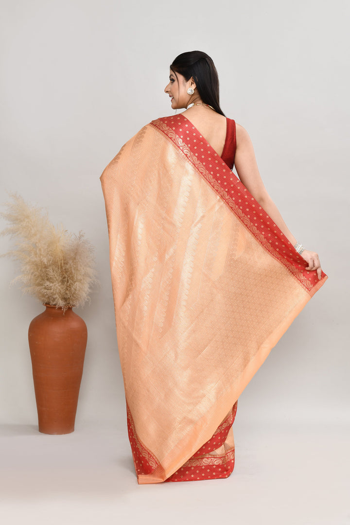 Peach-&-Red-Kota-Silk-Banarasi-Zari-Work-Saree