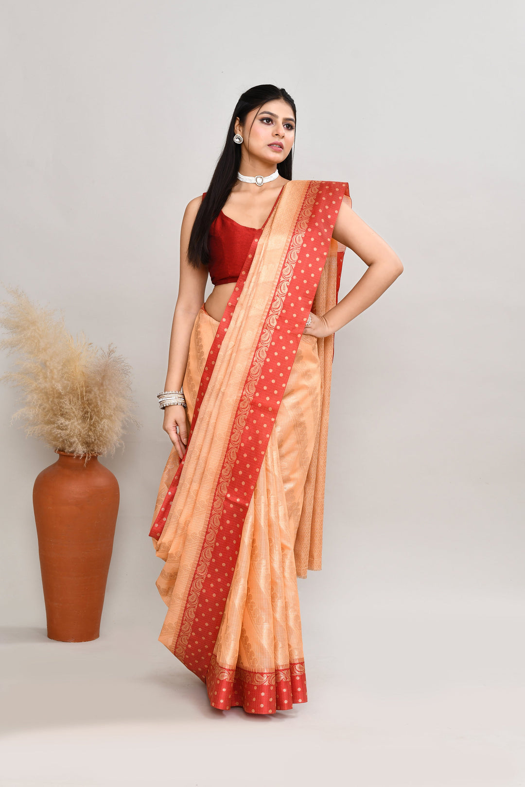 Peach-&-Red-Kota-Silk-Banarasi-Zari-Work-Saree
