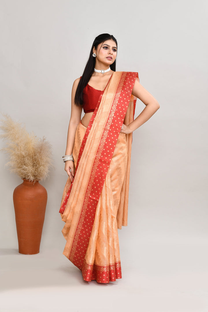 Peach-&-Red-Kota-Silk-Banarasi-Zari-Work-Saree