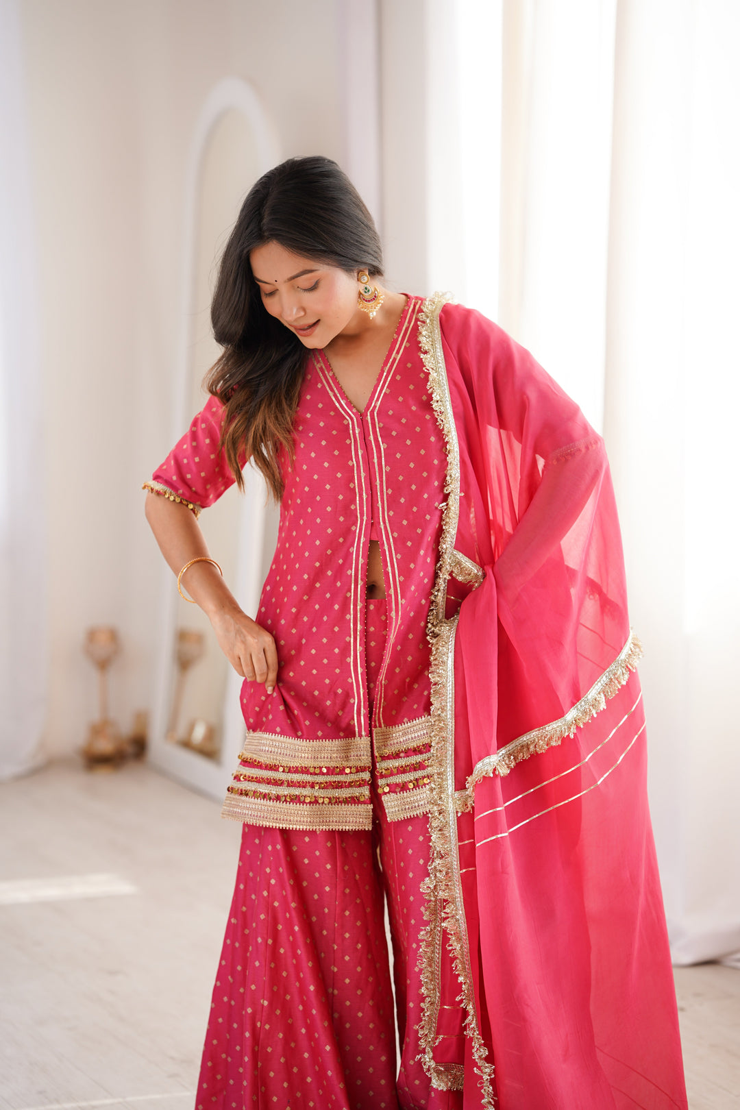 Peach Chanderi Short Kurta with Palazzo Suit Set