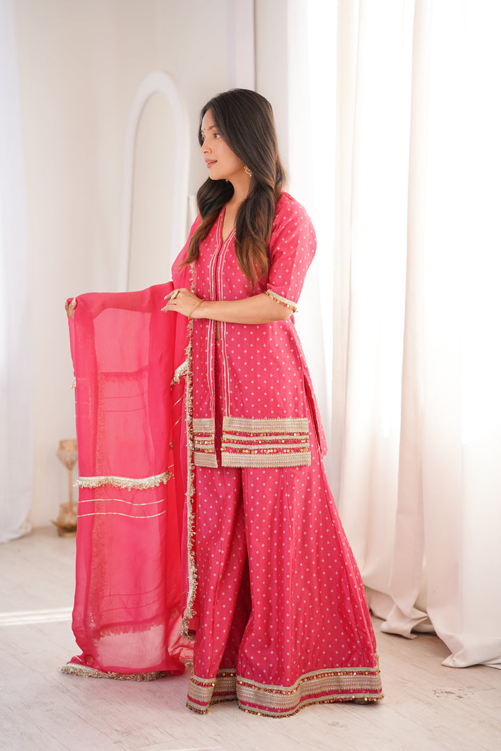 Peach Chanderi Short Kurta with Palazzo Suit Set