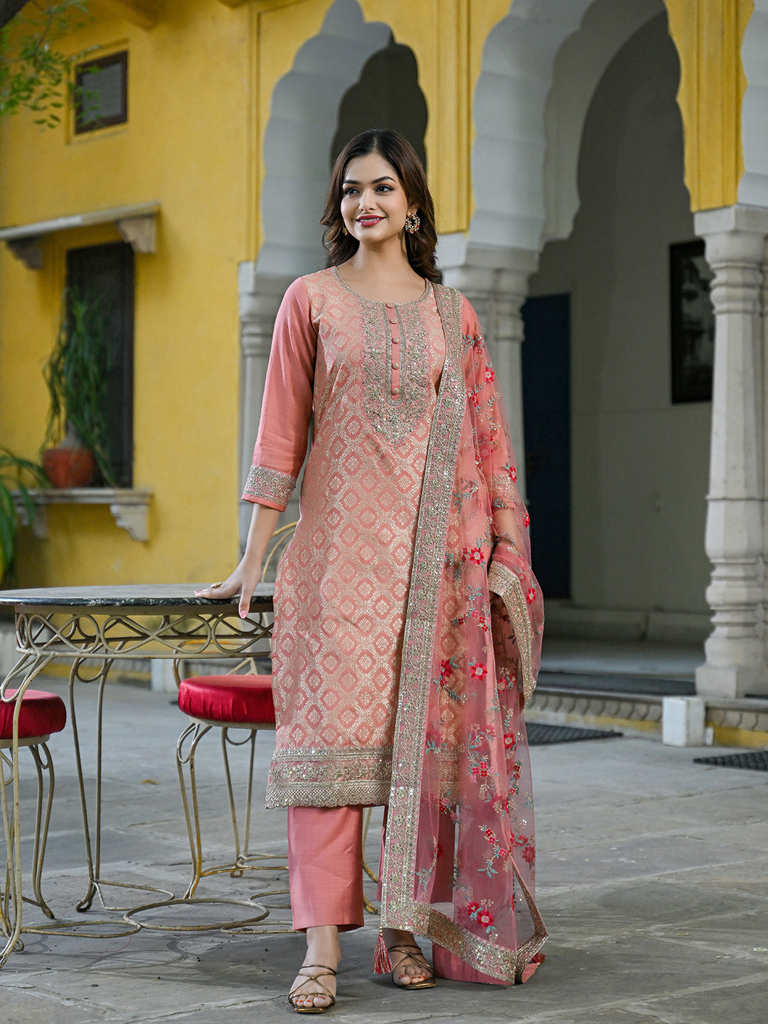 Peach-Silk-Blend-Solid-Woven-Design-3-Piece-Kurta-Set