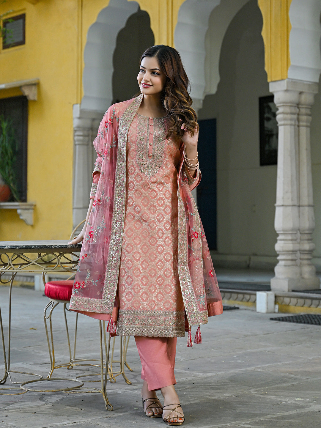 Peach-Silk-Blend-Solid-Woven-Design-3-Piece-Kurta-Set
