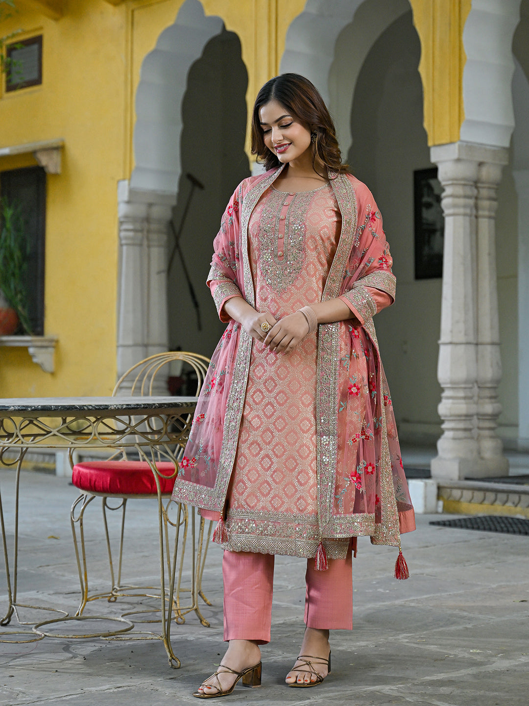 Peach-Silk-Blend-Solid-Woven-Design-3-Piece-Kurta-Set