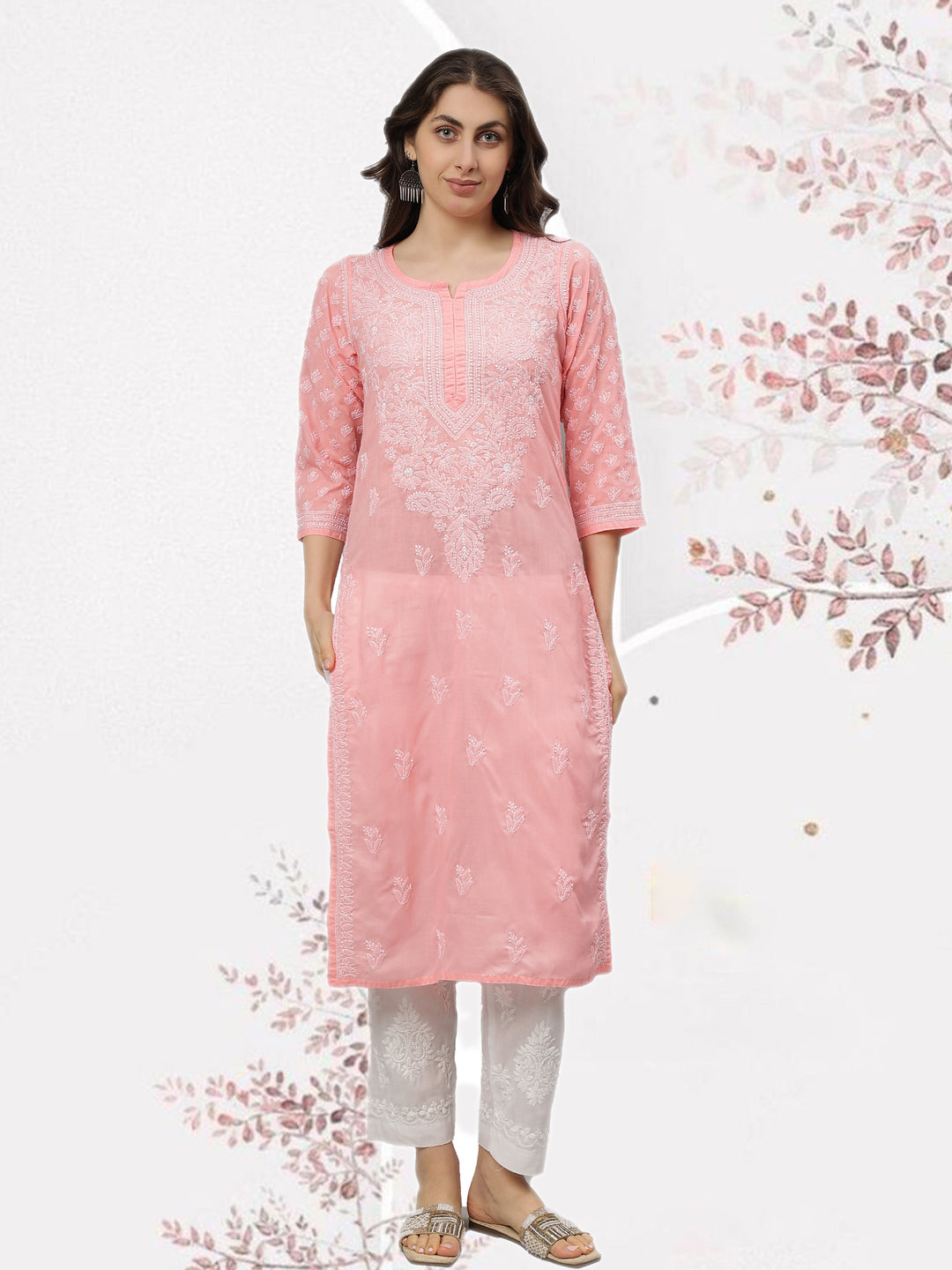 Peach-Terivoil-Cotton-Embroidered-Chikankari-Kurta-Only