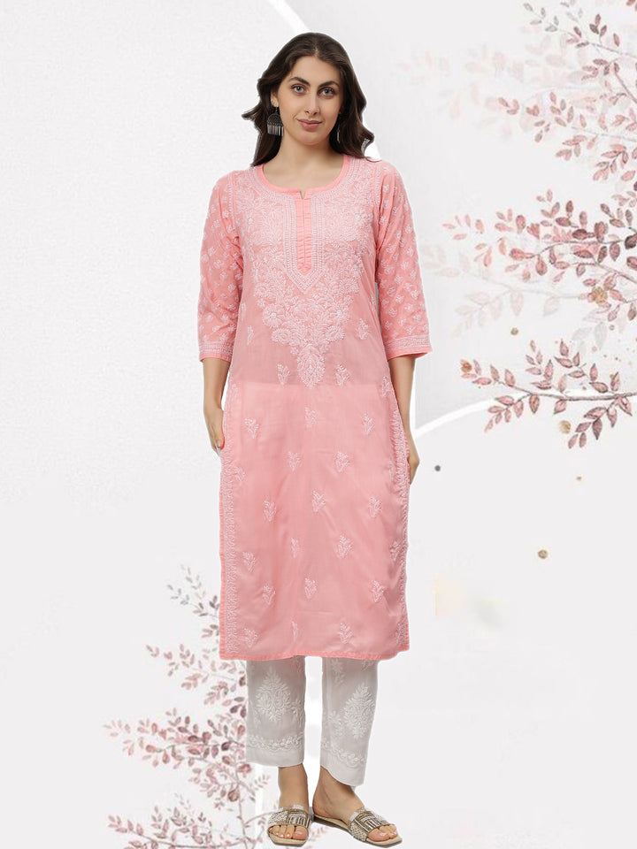 Peach-Terivoil-Cotton-Embroidered-Chikankari-Kurta-Only