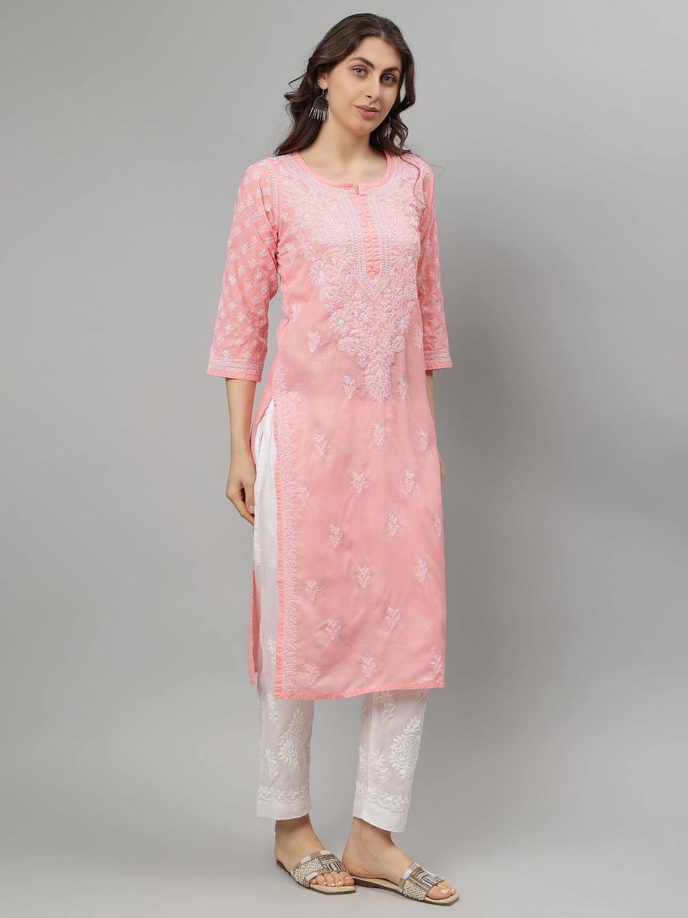 Peach-Terivoil-Cotton-Embroidered-Chikankari-Kurta-Only