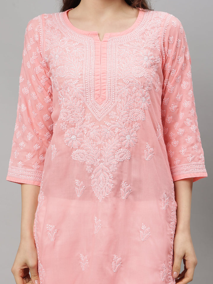 Peach-Terivoil-Cotton-Embroidered-Chikankari-Kurta-Only