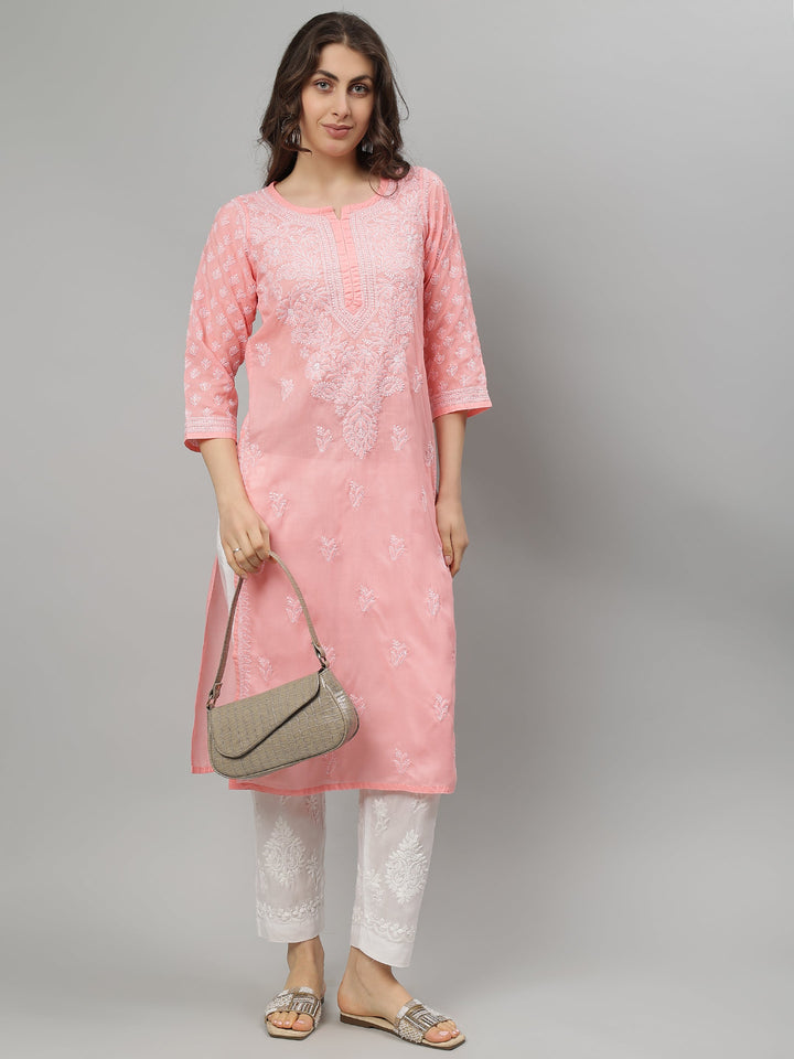 Peach-Terivoil-Cotton-Embroidered-Chikankari-Kurta-Only