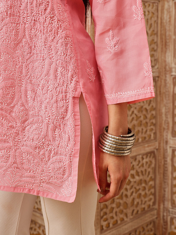 Peach-&-White-Cotton-Lucknowi-Chikankari-Tunic-Only