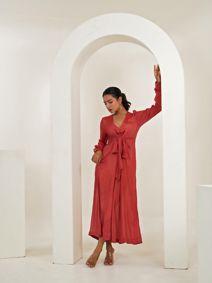 Persian-Red-Crepe-V-Neck-Maxi-Dress