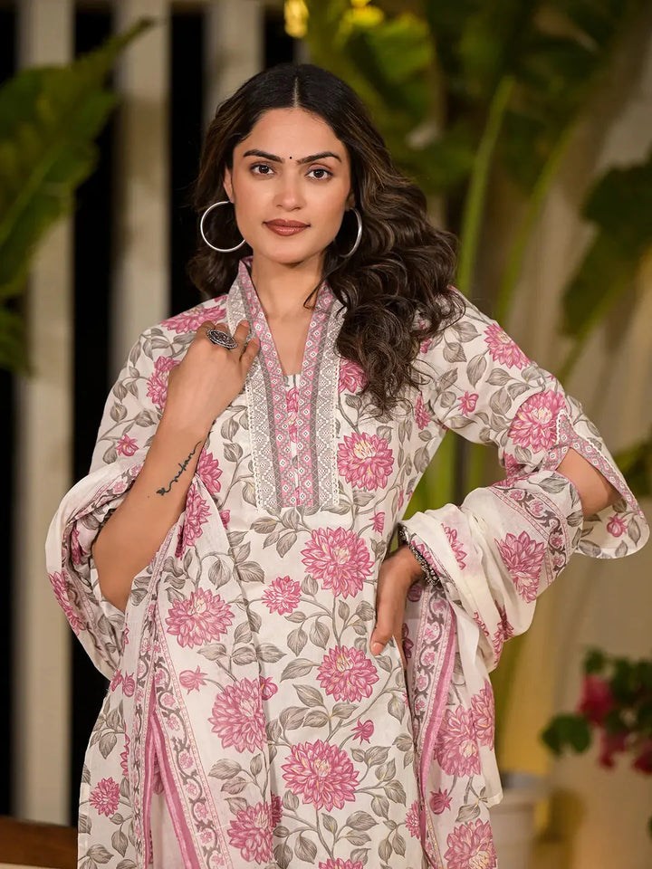 Pink-&-Off-White-Cotton-Floral-Print-3-Piece-Kurta-Set