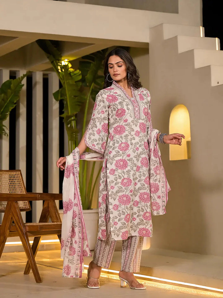 Pink-&-Off-White-Cotton-Floral-Print-3-Piece-Kurta-Set