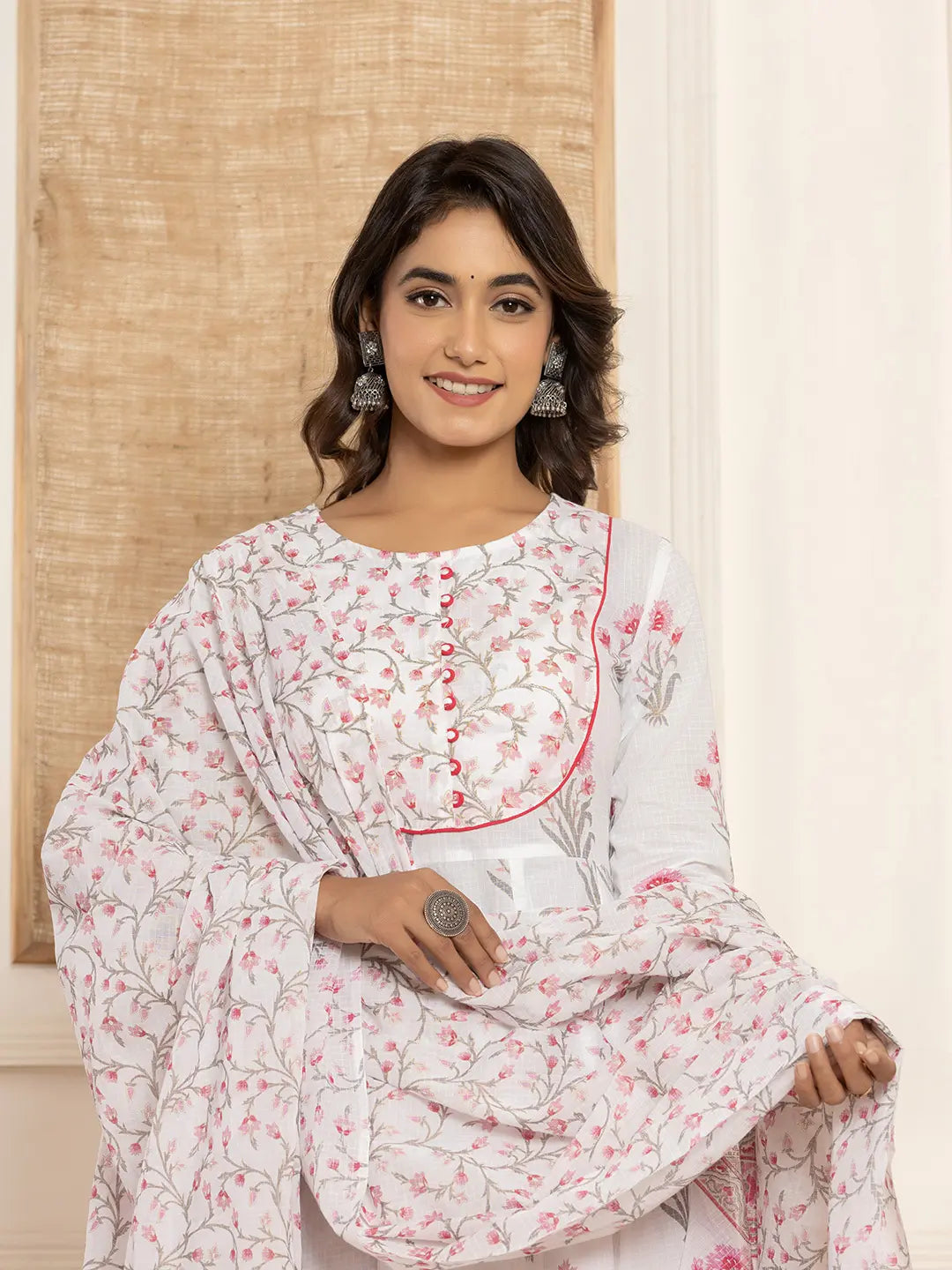 Pink-And-White-Cotton-Floral-Print-Piping-Anarkali-Set