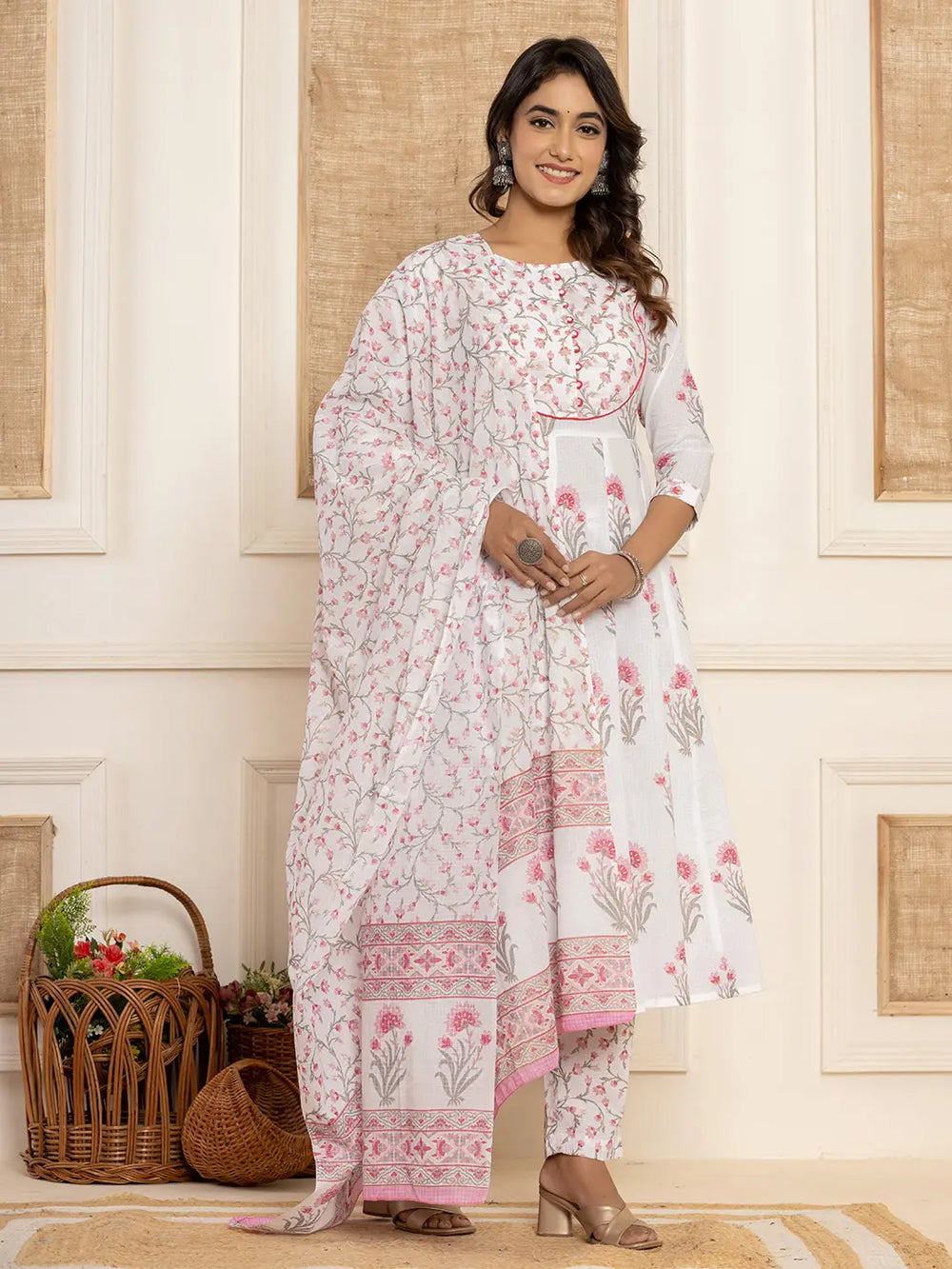 Pink-And-White-Cotton-Floral-Print-Piping-Anarkali-Set