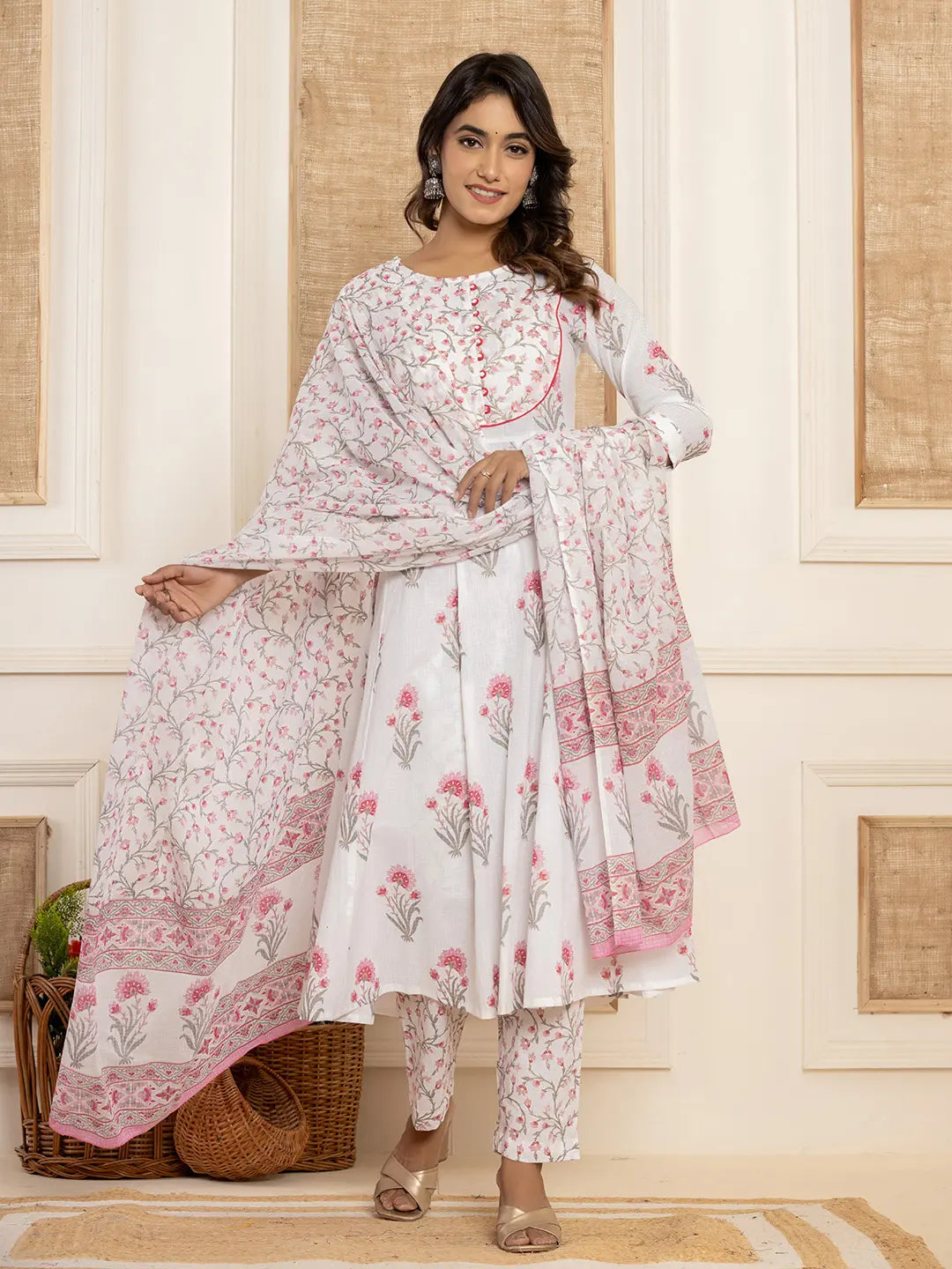 Pink-And-White-Cotton-Floral-Print-Piping-Anarkali-Set