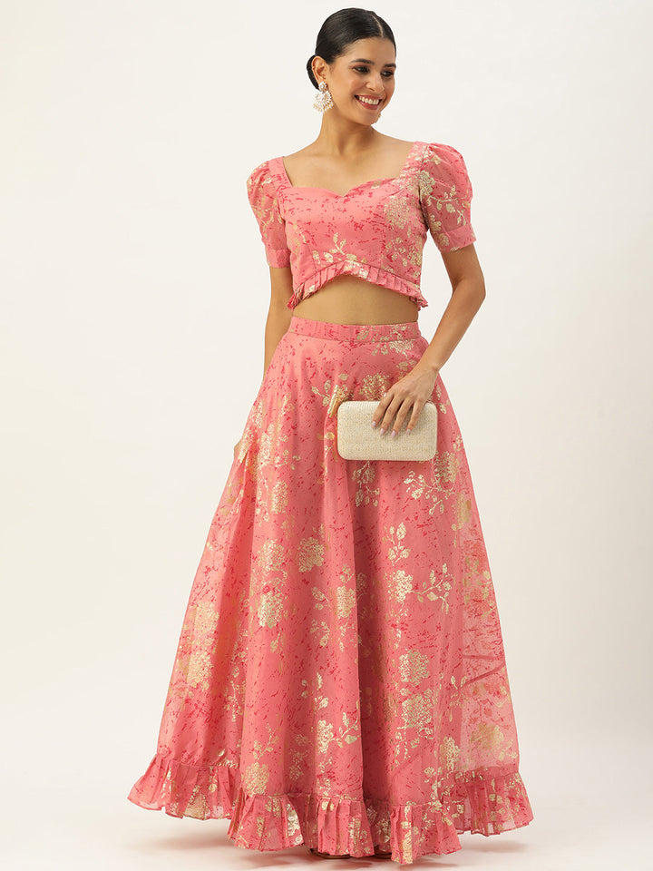 Pink-Art-Silk-Foli-Half-Sleeve-Print-Skirt-Sets