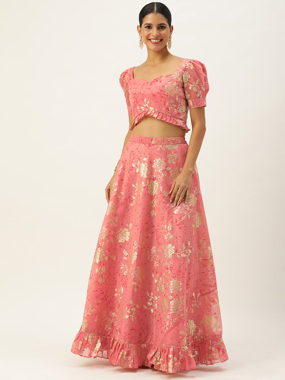 Pink-Art-Silk-Foli-Half-Sleeve-Print-Skirt-Sets