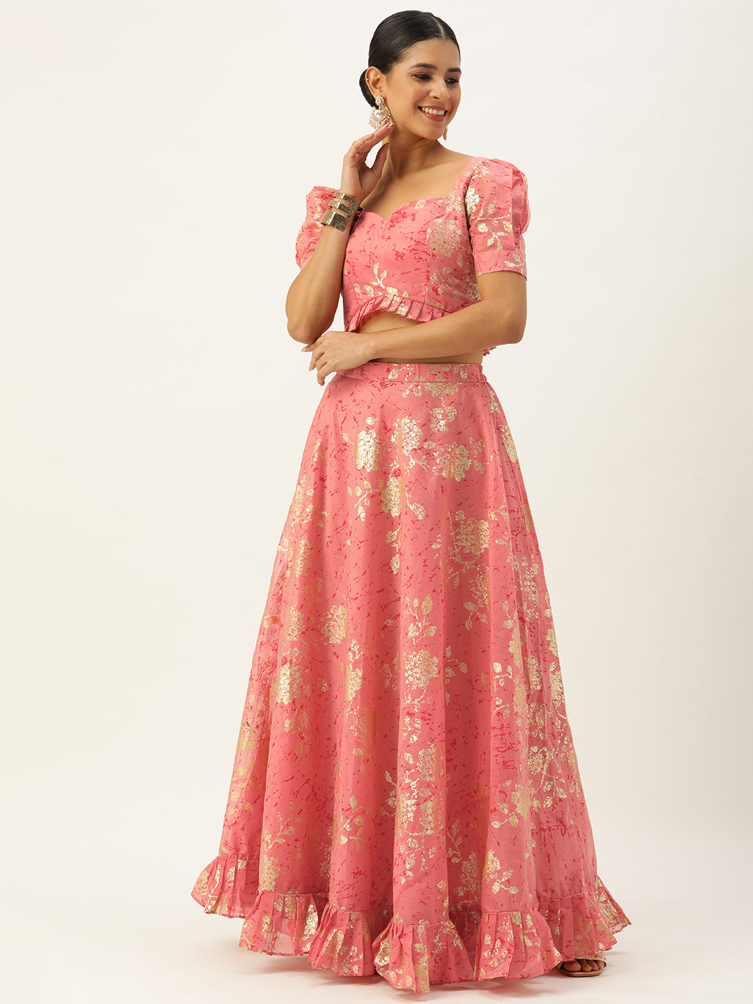 Pink-Art-Silk-Foli-Half-Sleeve-Print-Skirt-Sets