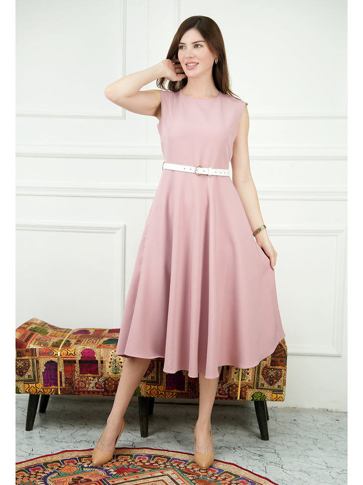 Pink-Blended-Fabric-Warmth-Fit-&-Flare-Dress-With-Belt