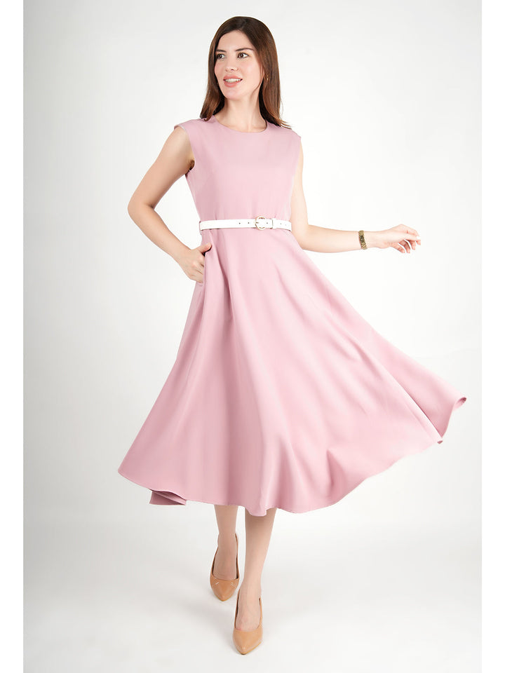 Pink-Blended-Fabric-Warmth-Fit-&-Flare-Dress-With-Belt