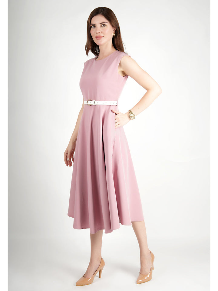 Pink-Blended-Fabric-Warmth-Fit-&-Flare-Dress-With-Belt