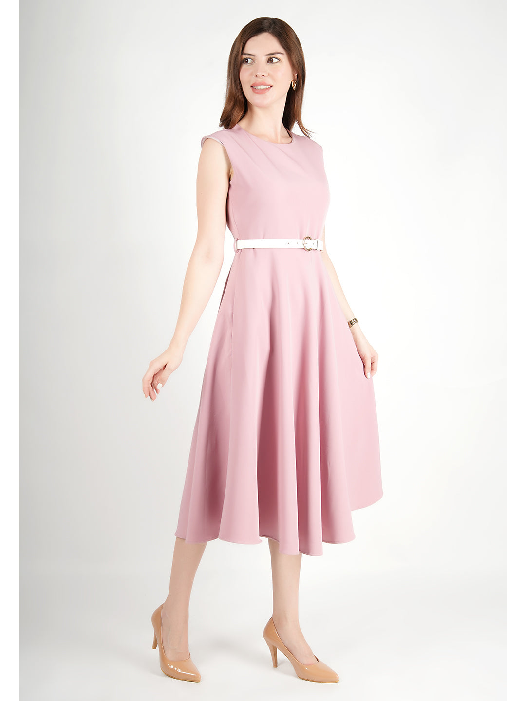 Pink-Blended-Fabric-Warmth-Fit-&-Flare-Dress-With-Belt