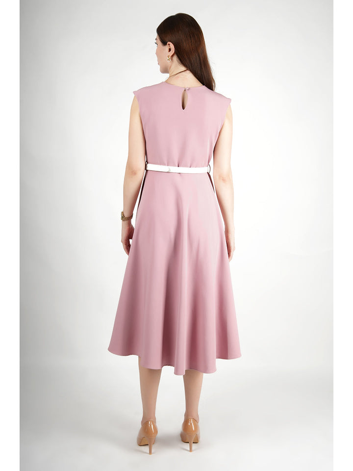 Pink-Blended-Fabric-Warmth-Fit-&-Flare-Dress-With-Belt