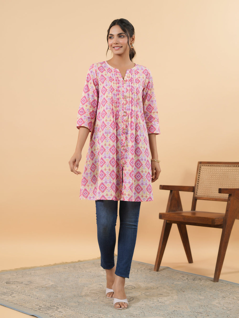 ZERESOUQ-Pink-Cambric-Geometric-Printed-Pleated-Tunic