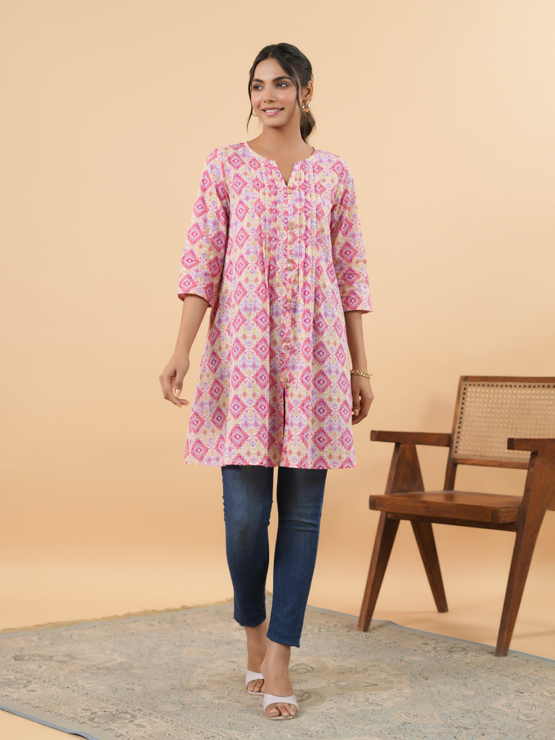 Pink-Cambric-Geometric-Printed-Pleated-Tunic