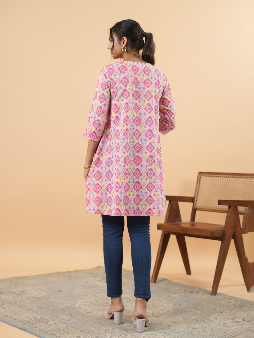 Pink-Cambric-Geometric-Printed-Pleated-Tunic