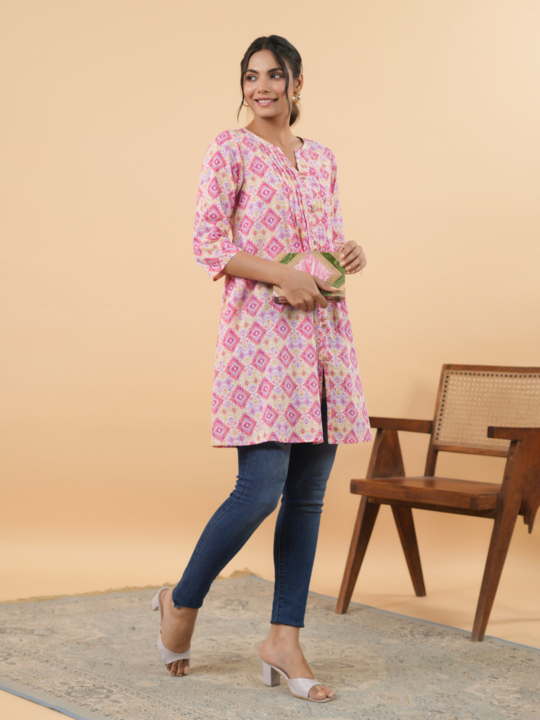 Pink-Cambric-Geometric-Printed-Pleated-Tunic