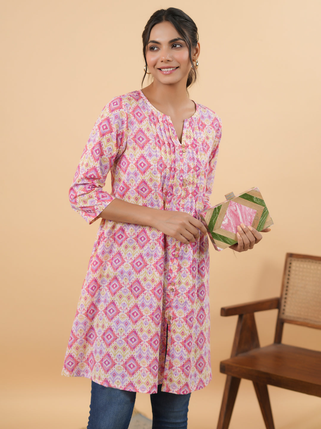 ZERESOUQ-Pink-Cambric-Geometric-Printed-Pleated-Tunic