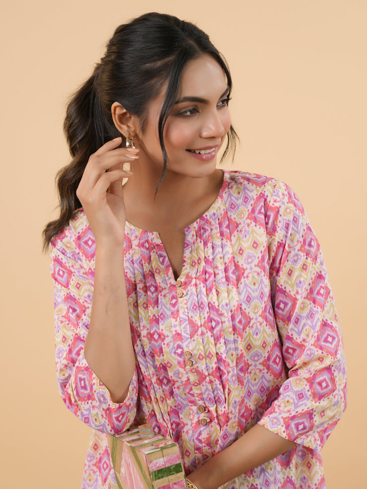 Pink-Cambric-Geometric-Printed-Pleated-Tunic