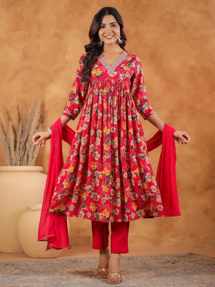 Pink Chanderi All-Over Floral A-Line Kurta Set