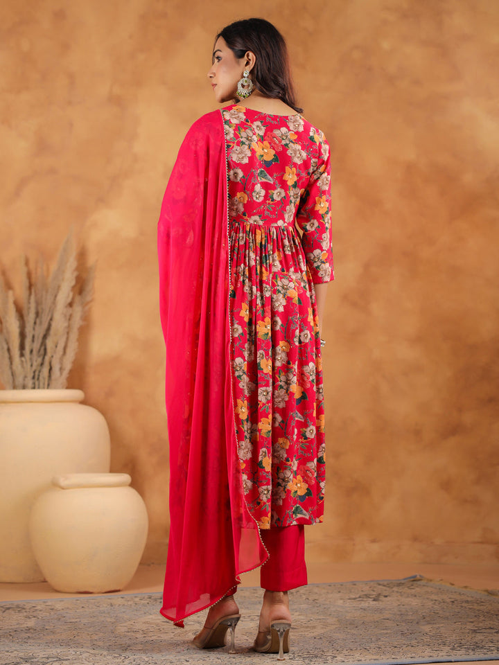 Pink Chanderi All-Over Floral A-Line Kurta Set