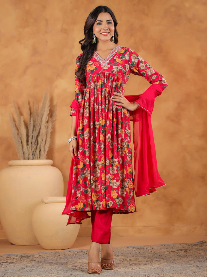 Pink Chanderi All-Over Floral A-Line Kurta Set