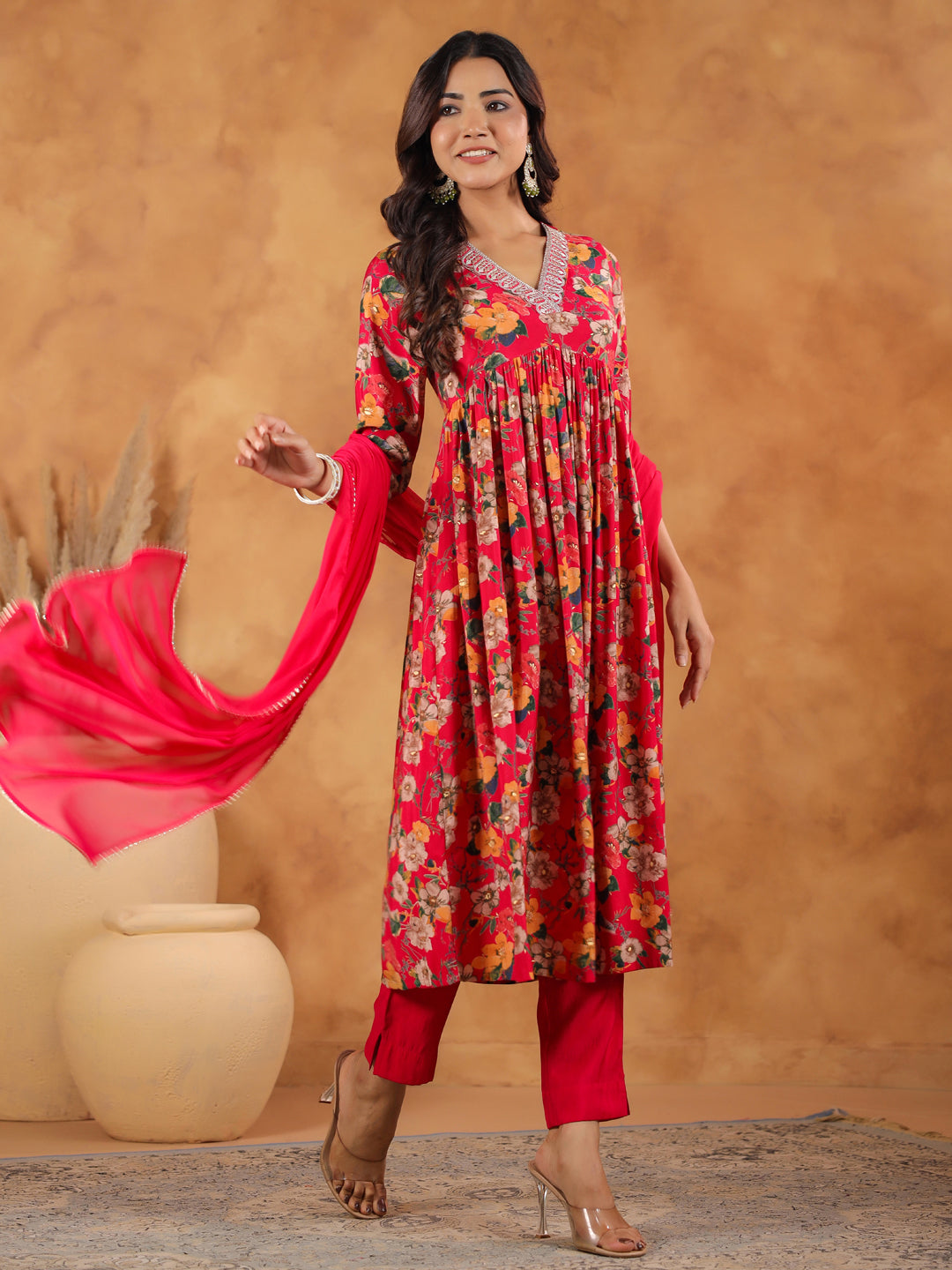 Pink Chanderi All-Over Floral A-Line Kurta Set