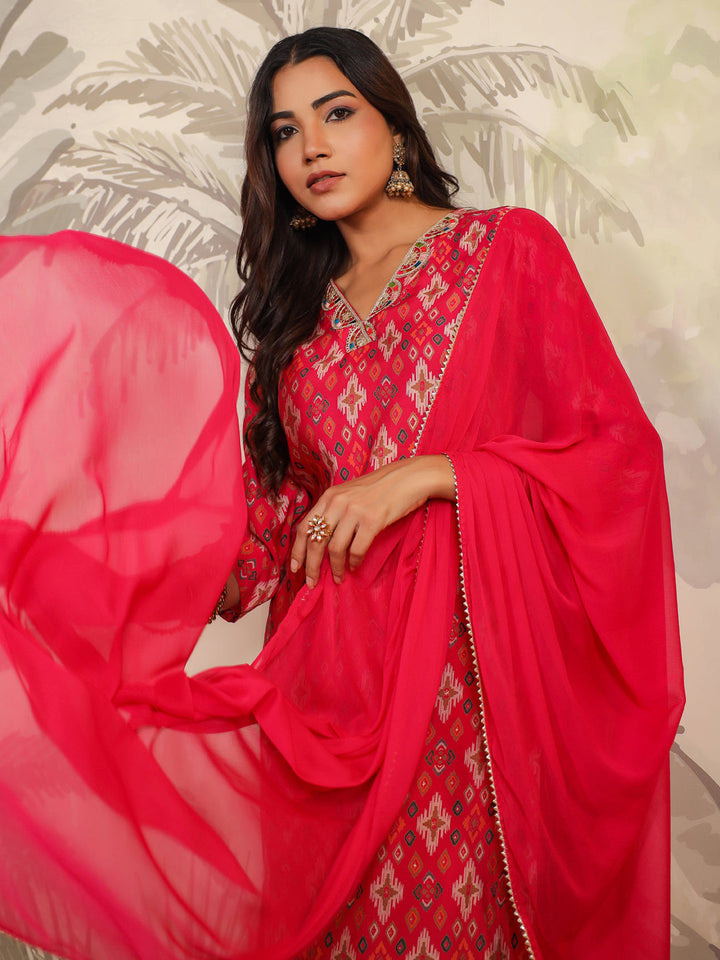 Pink Chanderi All-Over Ikkat Straight Kurta Set