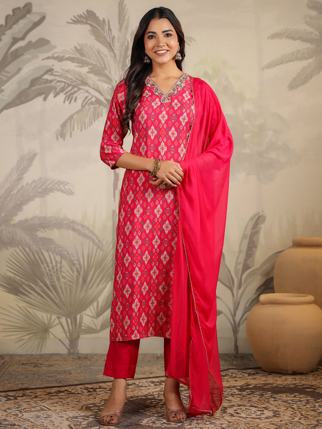 Pink Chanderi All-Over Ikkat Straight Kurta Set