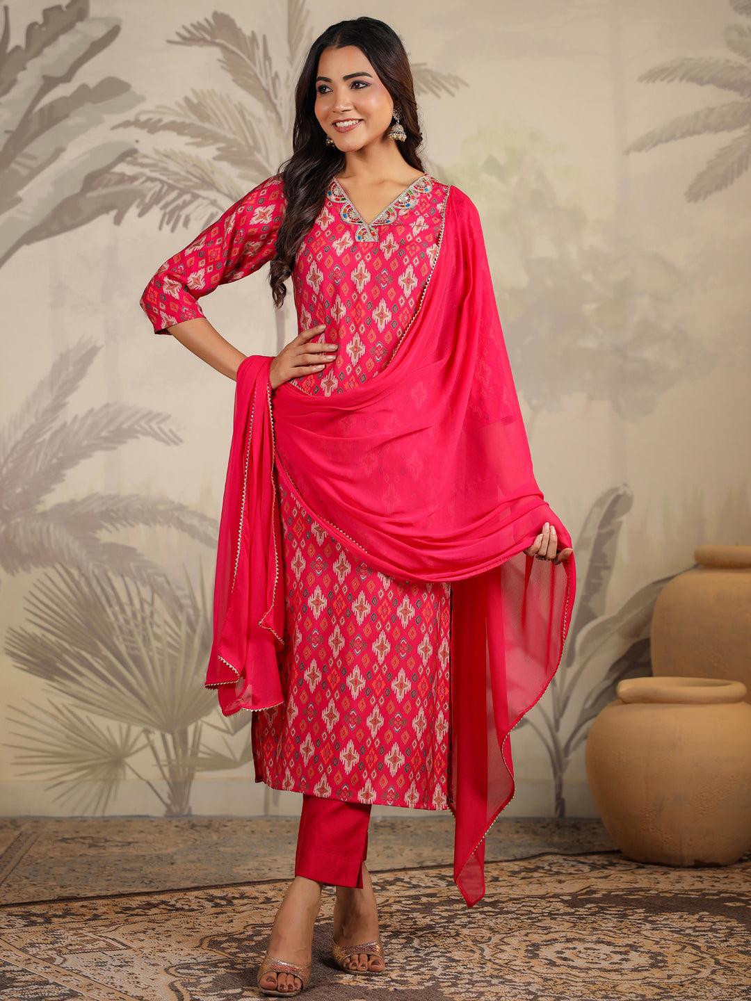 Pink Chanderi All-Over Ikkat Straight Kurta Set