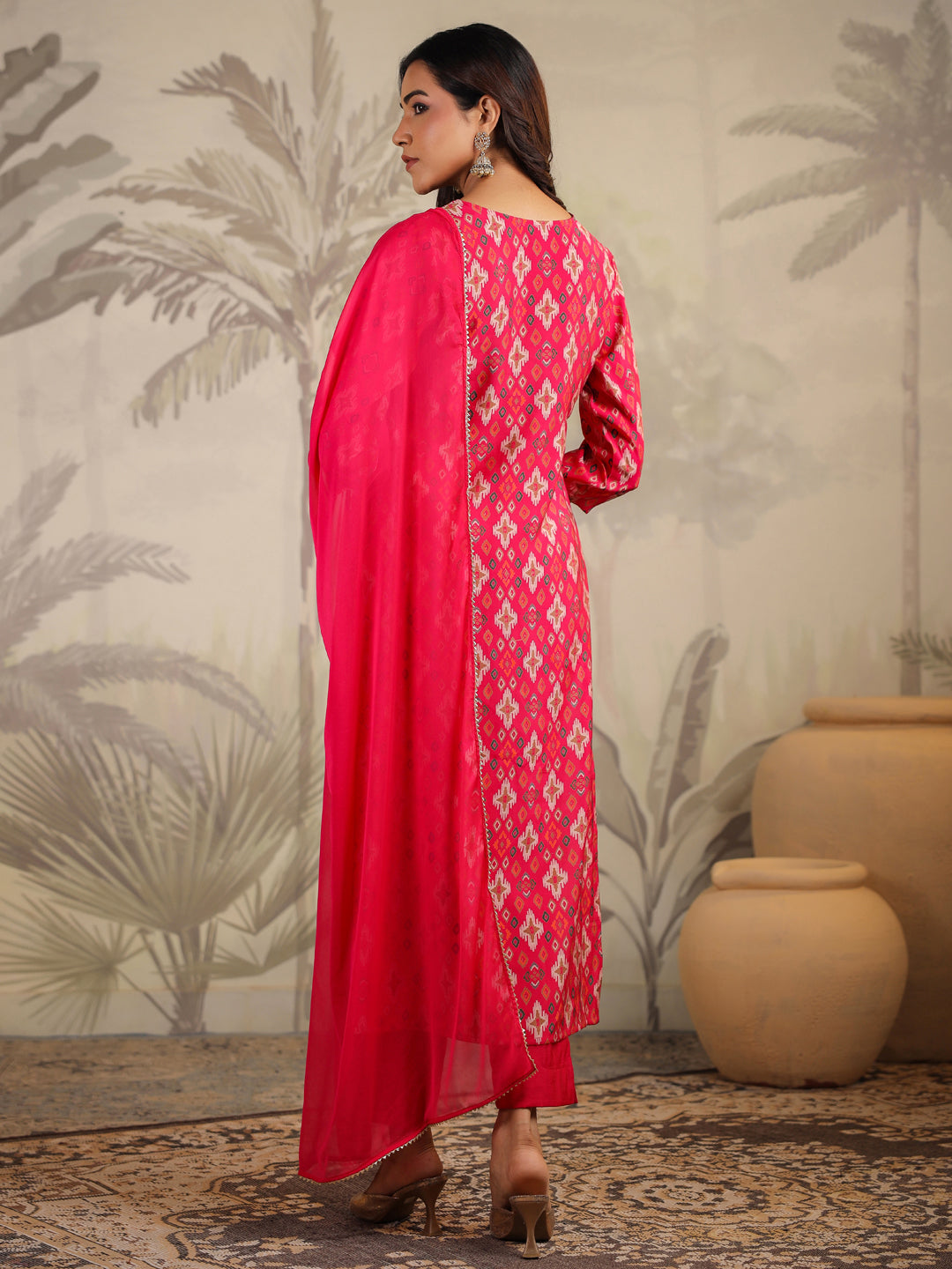 Pink Chanderi All-Over Ikkat Straight Kurta Set