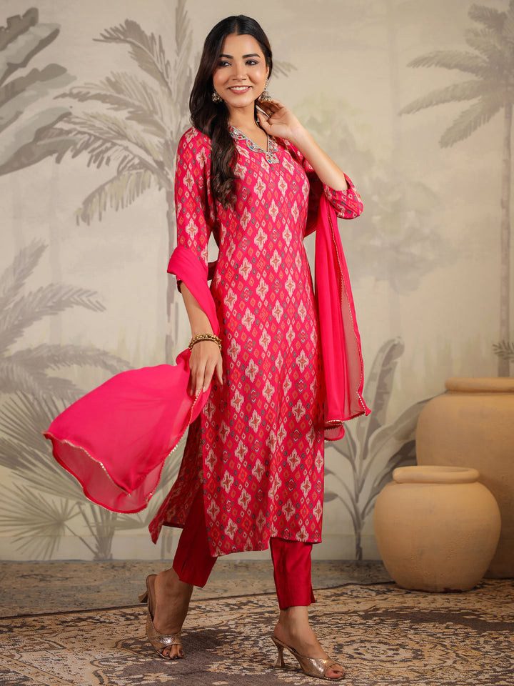 Pink Chanderi All-Over Ikkat Straight Kurta Set