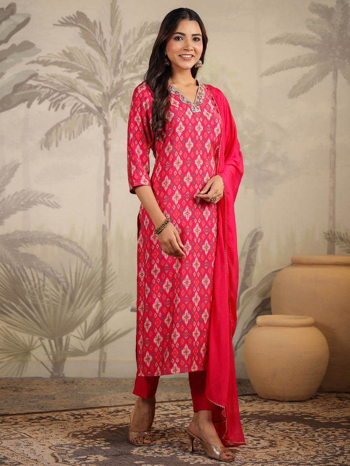 Pink Chanderi All-Over Ikkat Straight Kurta Set