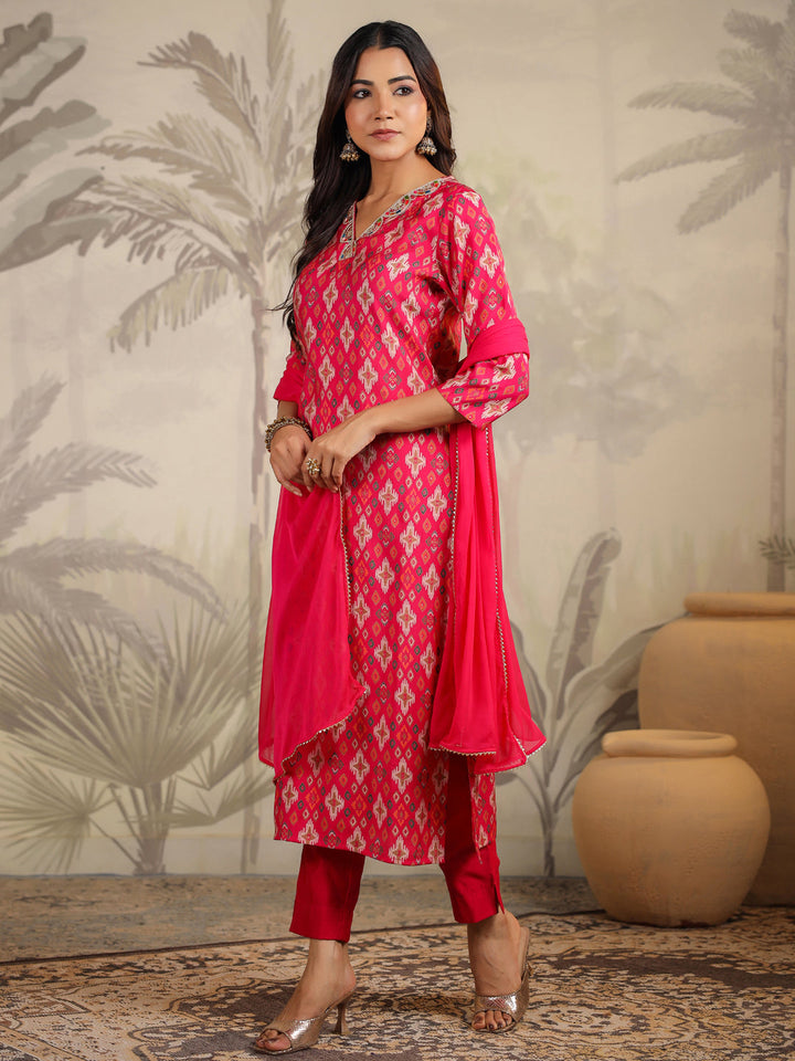 Pink Chanderi All-Over Ikkat Straight Kurta Set