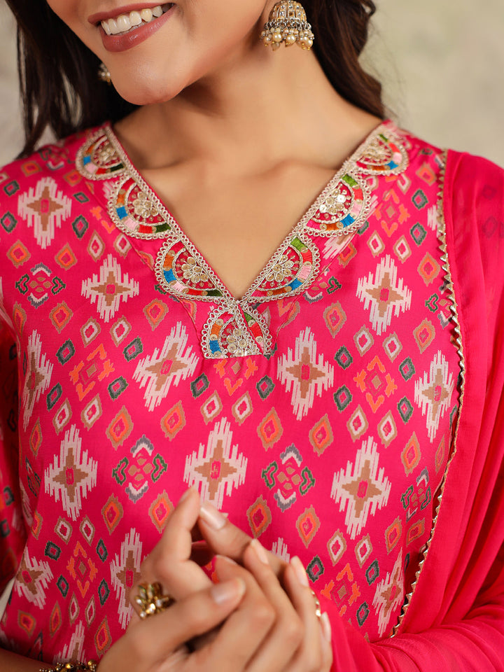 Pink Chanderi All-Over Ikkat Straight Kurta Set