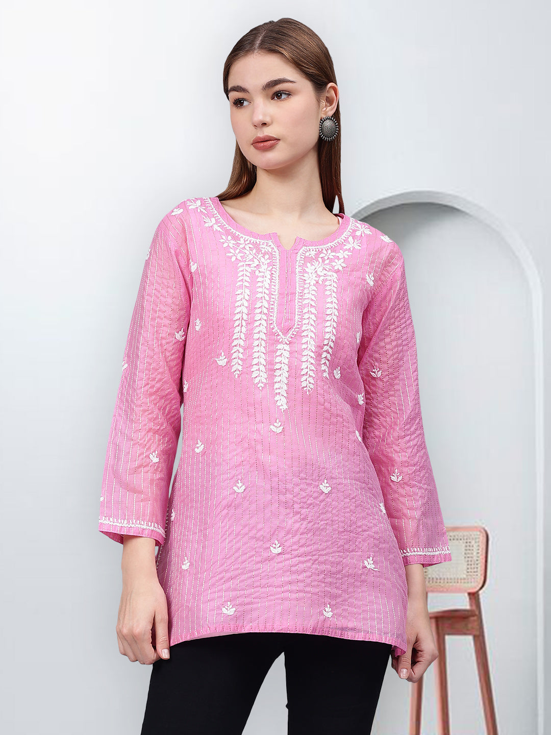 Pink-Chanderi-Embroidered-Chikankari-Tunic-With-Slip