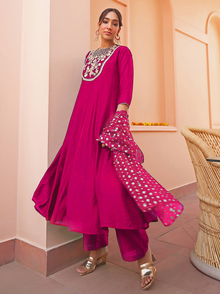 Pink Chanderi Embroidery Anarkali Set