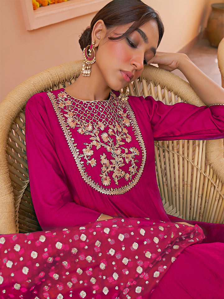 Pink Chanderi Embroidery Anarkali Set