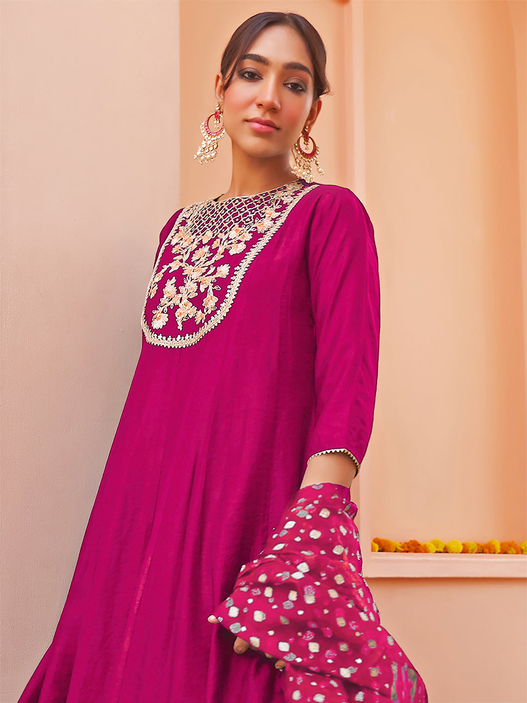 Pink Chanderi Embroidery Anarkali Set